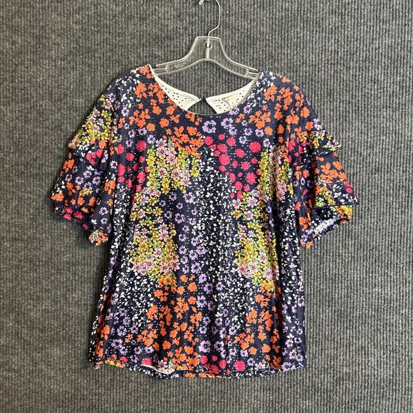 Cato Womens Blouse Size XL Floral Multi Color Ruffle Sleeve Boho Mesh Stretch - Picture 1 of 6